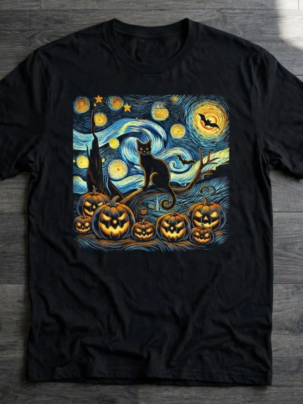 Black Cat Starry Night T-Shirt Halloween Pumpkin Black Tee